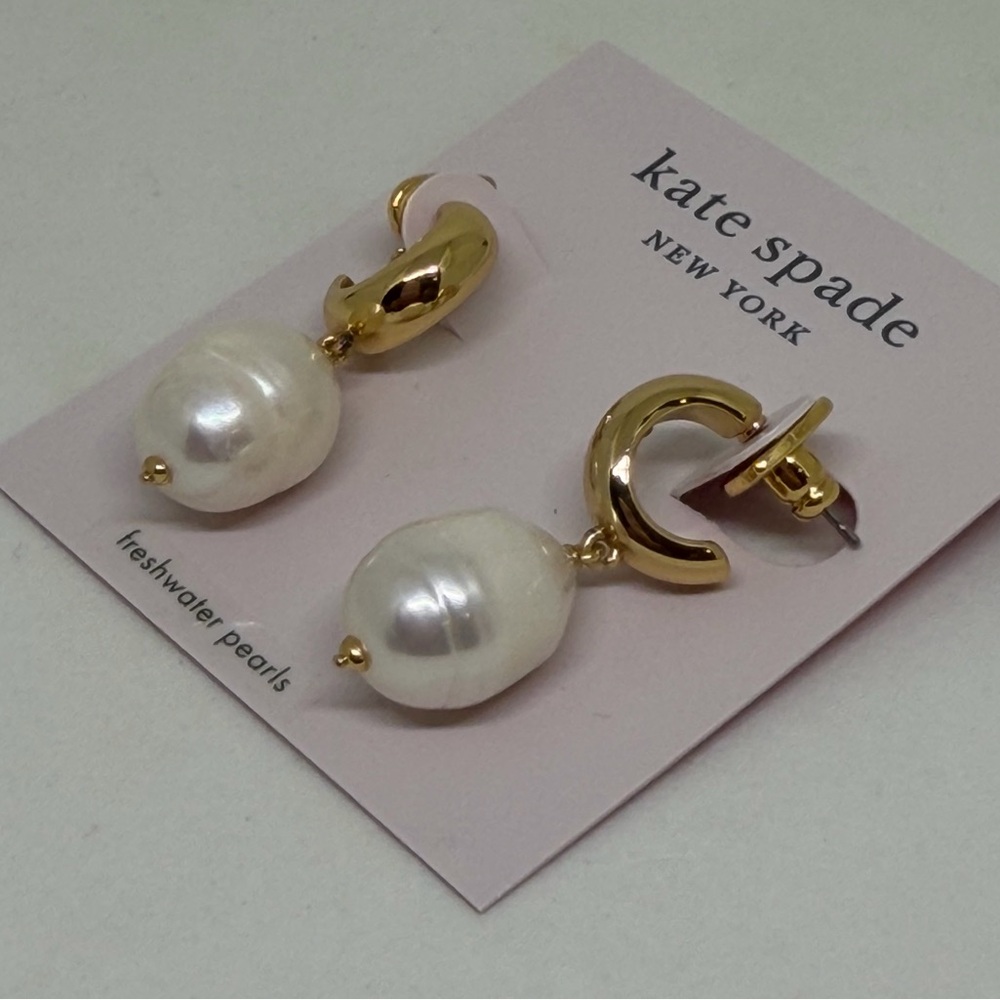 NEW Kate Spade Candy Drops Earrings Freshwater Pearl Drop Huggies Gold Dust Bag - Picture 3 of 5